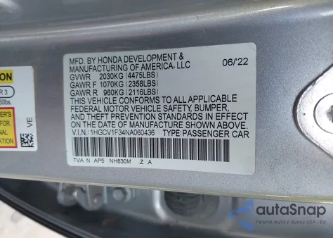 2022 Honda Accord Sport из США, поврежденный, VIN 1HGCV1F34NA060436